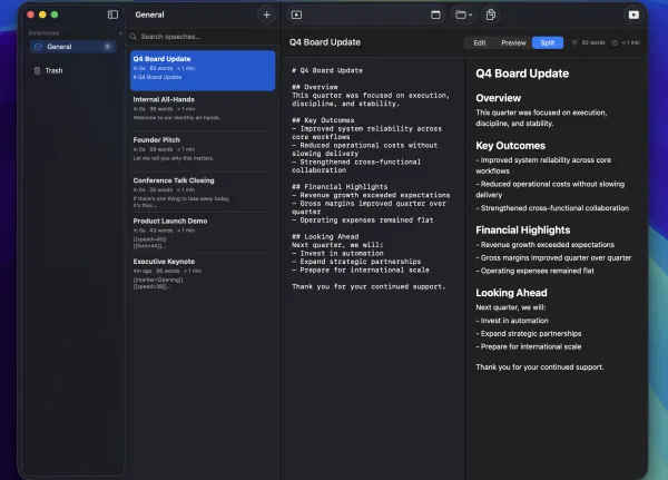 SpeechCue editor showing Q4 Board Update notes