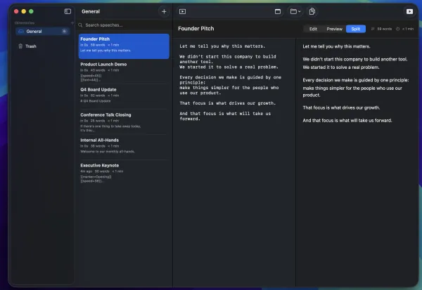 SpeechCue editor displaying Founder Pitch script