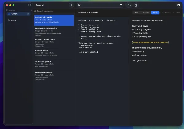 SpeechCue editor with All-Hands meeting notes