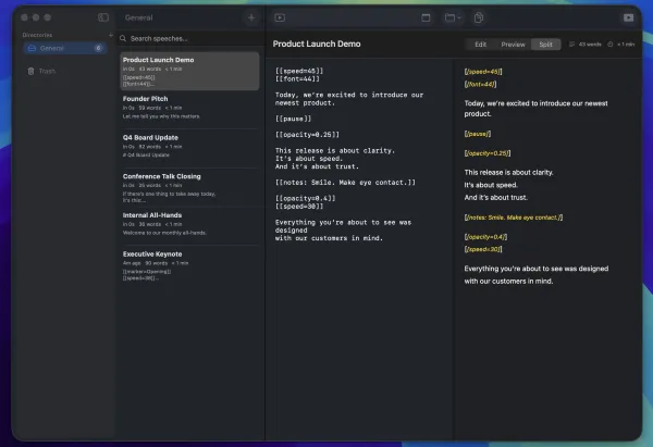 SpeechCue editor showing Product Demo script